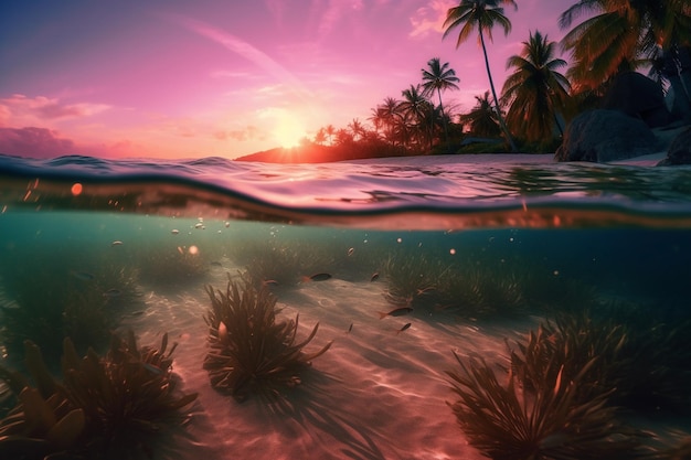 A tropical sunset and palm trees in the ocean