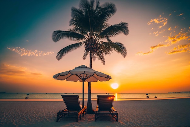 Tropical sunset scenery two sun beds loungers umbrella under palm tree