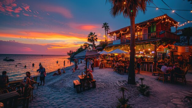 Tropical Sunset Vibes Lively Beach Bar with Happy People Colorful Decor and Cocktails Nikon D7200 Photography