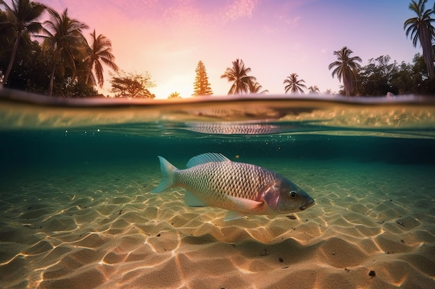 A tropical sunset with a fish swimming in the water