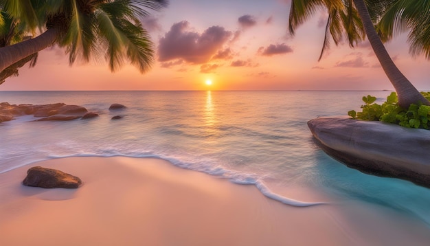 a tropical sunset with palm trees and a beach in the background