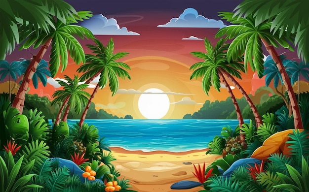 a tropical sunset with palm trees and a beach scene