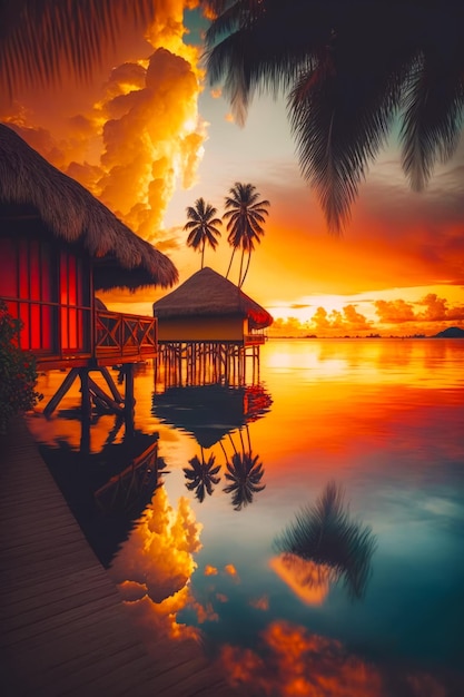 Tropical sunset with palm trees and hut on the water's edge Generative AI