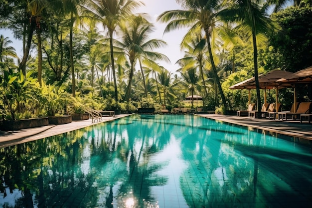 Tropical swimming pool with palm trees and umbrellas