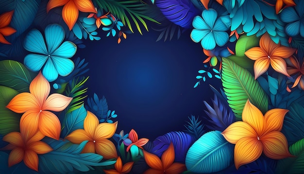 The tropical theme background is blue with a Hawaiian style and elements such as flowers and leaves