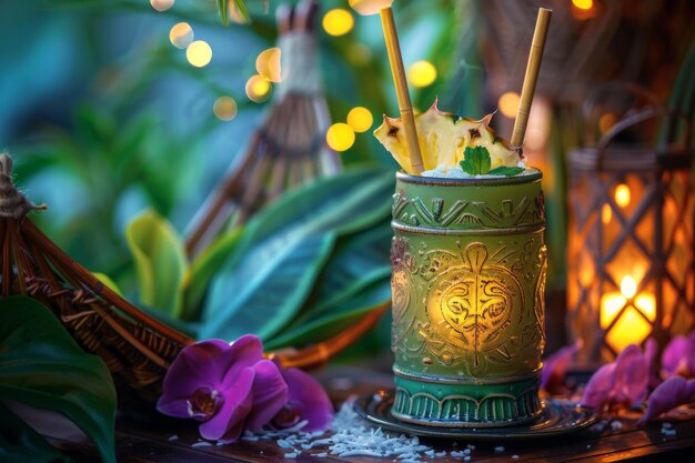 Tropical Tiki Cocktail Setup on Garden Patio