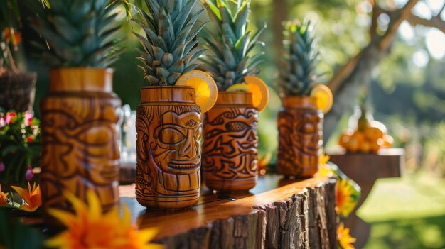 Photo tropical tiki cocktails decorated with pineapple and orange slices