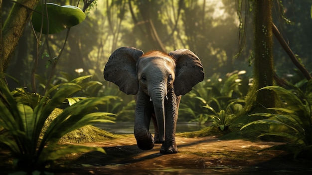 Tropical Toddler Young Elephant Calf Strolling in the Wilderness Generative AI