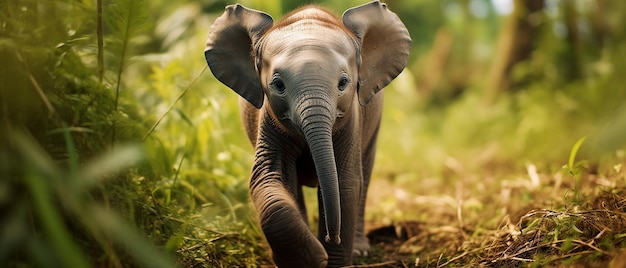 Tropical Toddler Young Elephant Calf Strolling in the Wilderness Generative AI