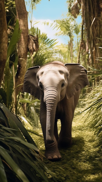 Tropical Toddler Young Elephant Calf Strolling in the Wilderness Generative AI