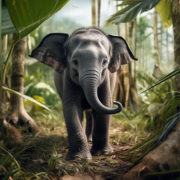 Tropical Toddler Young Elephant Calf Strolling in the Wilderness Generative AI