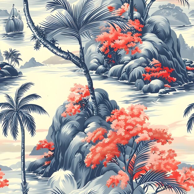 Tropical Toile de Jouy Seamless Pattern Transforming Traditional Landscapes into Beach Paradise