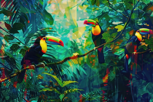 Tropical Toucan Wonderland A vibrant tapestry of lush greenery and colorful toucans