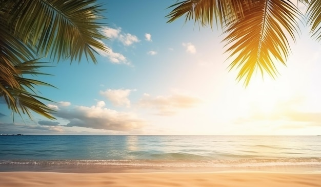 Tropical Tranquility Beach with Palm Leaves and Ocean View