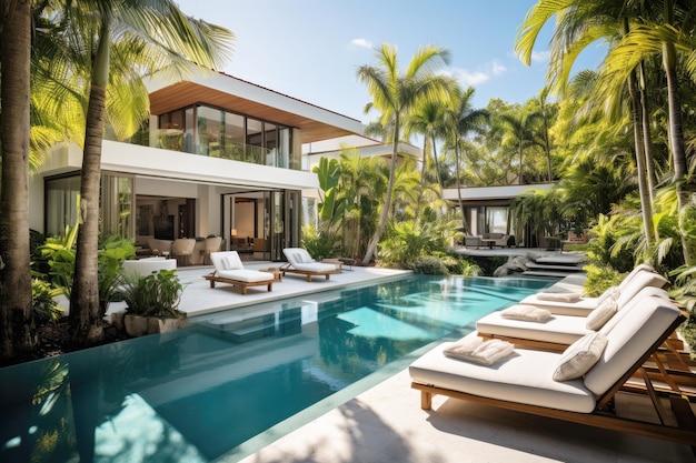 Tropical tranquility modern villa with pool and swaying palms