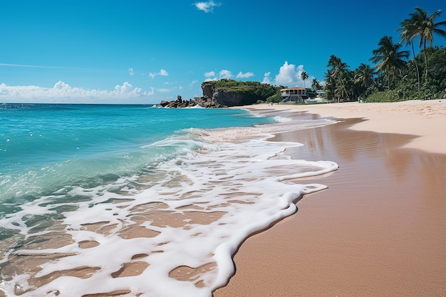 Tropical Tranquility Pastel Blue Sea Sandy Beach and Long Palm Tree Shadows