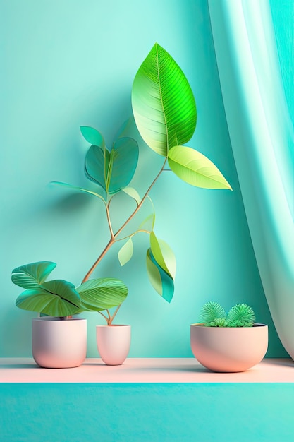 Tropical tree branch in dappled sunlight leaf shadow on blank pastel turquoise blue green wall for