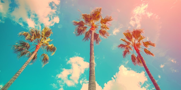 Photo tropical trees against a vibrant sky in a retro image portraying a sense of liberation and ease