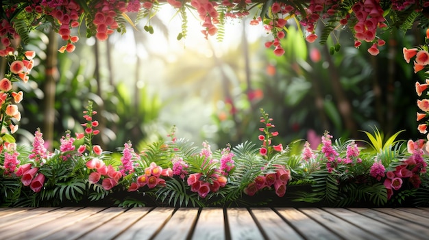 Tropical Walkway Lined with Pink Flowers