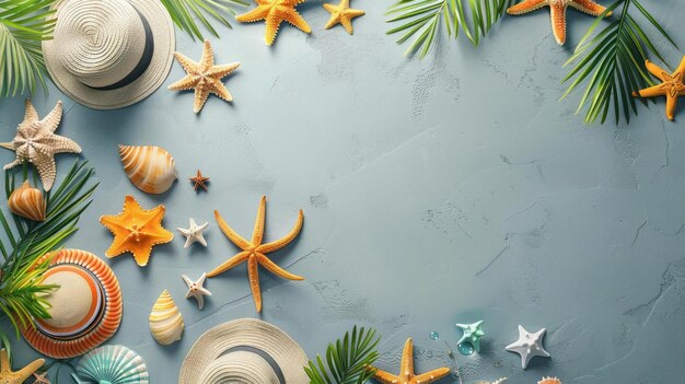 A tropical wallpaper image with stars shells and palm leaves