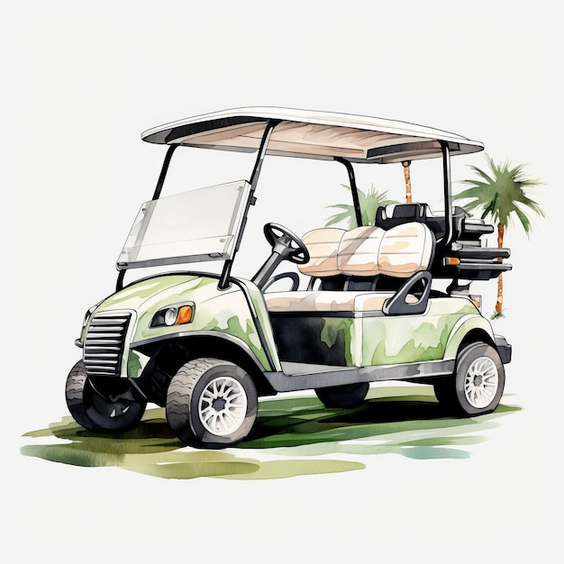 Photo tropical watercolor golf cart clipart in natureinspired camouflage style