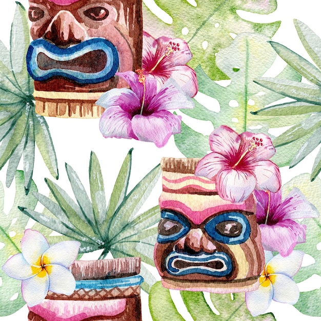 Tropical watercolor illustration with ancient mask