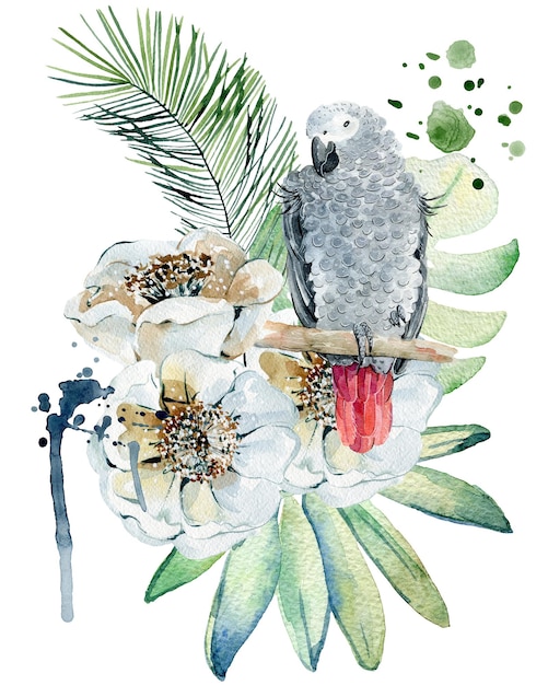 Tropical watercolor illustration with parrot and flowers