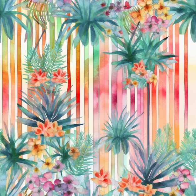 Tropical watercolor painting with flowers and palm leaves generative ai