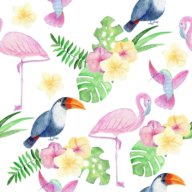 Tropical watercolor seamless pattern with birds and flowers