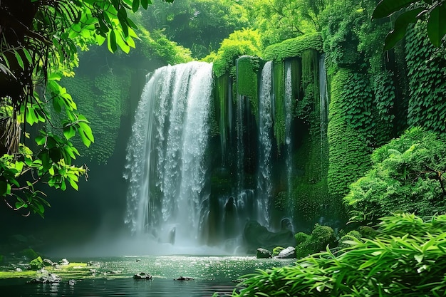 Tropical Waterfall in Bali Serene Cascade Amid Lush Jungle