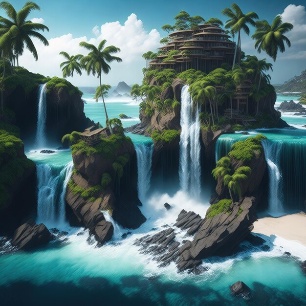 Photo a tropical waterfall illustration