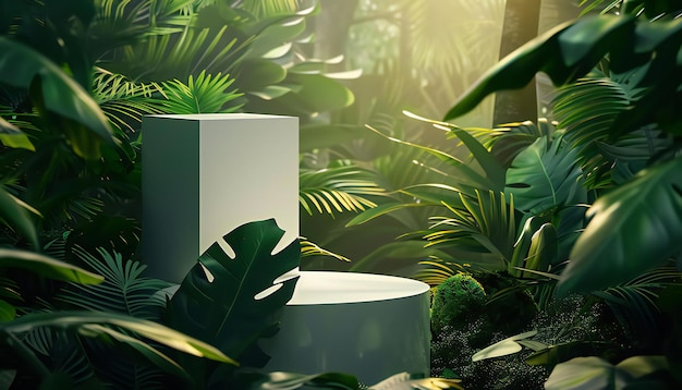 tropical white podium or dais stage and nature green leaves jungle white podium stand product scene