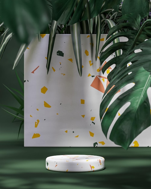 Tropical white podium stage stand on green background 3d render