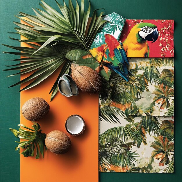 Photo tropicalthemed textile moodboard combining natural elements like coconuts