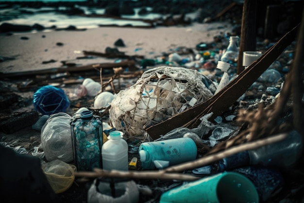 Troubling view of a beach covered in plastic and trash generative AI