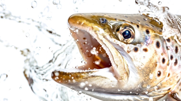 Photo the trout bursts through the surface showcasing its fierce mouth and intricate colors while splashes of water dance around it