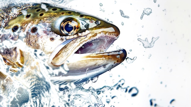 Photo a trout fish emerges fiercely from the water splashing dramatically with its mouth open showcasing vibrant colors against a clean white background