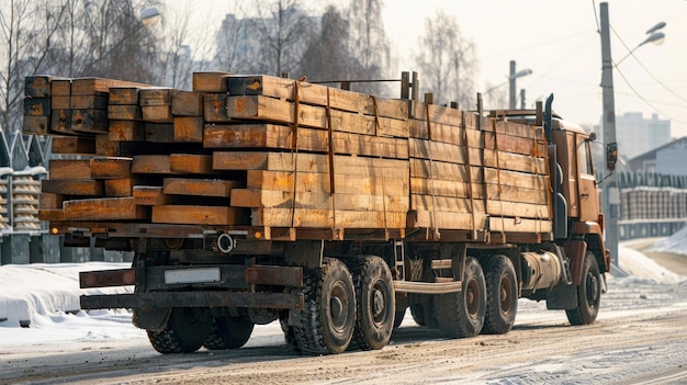 Photo truck carrying lumber on snowy road