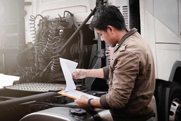 Truck Driver is Checking the Semi Truck's Maintenance Checklist Inspection Safety Before Driving