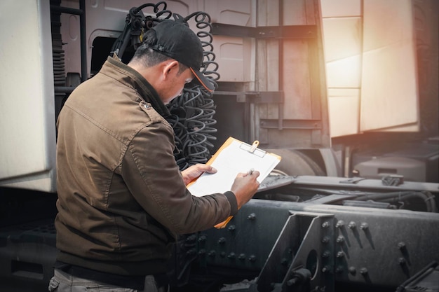 Truck Driver is Checking the Trucks Safety Maintenance Inspection Truck Transport