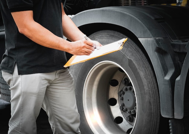 Truck Driver is Checking the Trucks Safety Maintenance Inspection Truck Wheels Tires