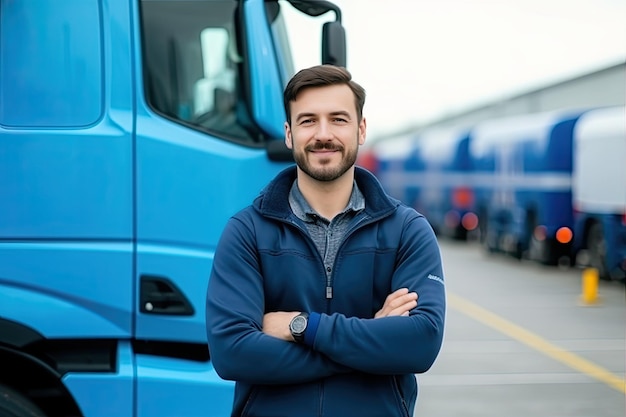 Truck Driver Smile Confidence Young Man Professional Driver in Front of a Large Truck Trucker Highway Cargo Industry Generative AI Illustration