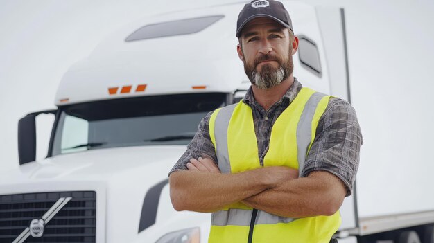 Photo truck driver wearing safety vest poses confidently in front of a freight truck on a bright day at a transportation yard