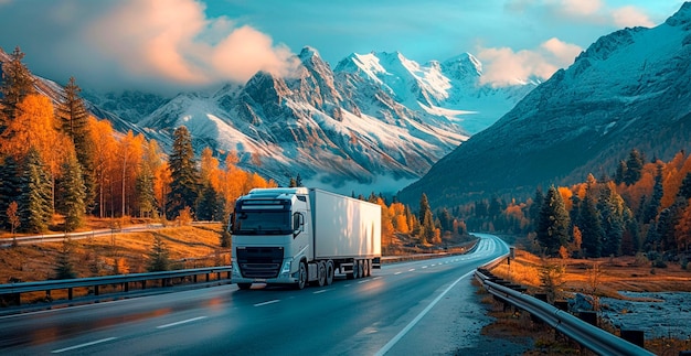 A truck drives along a mountain road cargo delivery logistics AI generated image