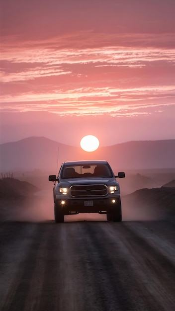 A truck drives down a road with the sun setting behind it