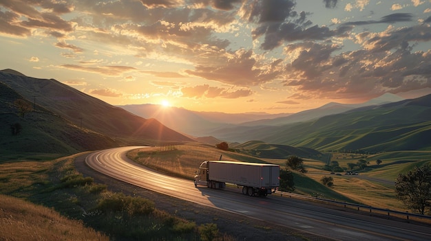 Photo a truck drives down a winding road with the sun setting behind it