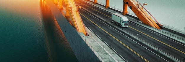 Truck driving over bridge