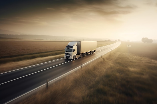 A truck driving on a country road with a cloudy sky