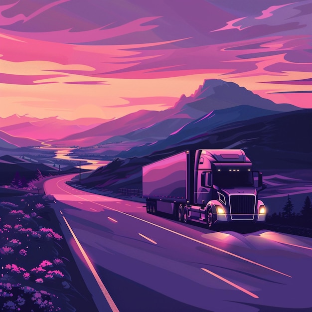 A truck driving down a road with a mountain illustrationstyle vector in the background at sunset