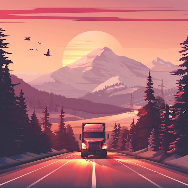 A truck driving down a road with a mountain illustrationstyle vector in the background at sunset